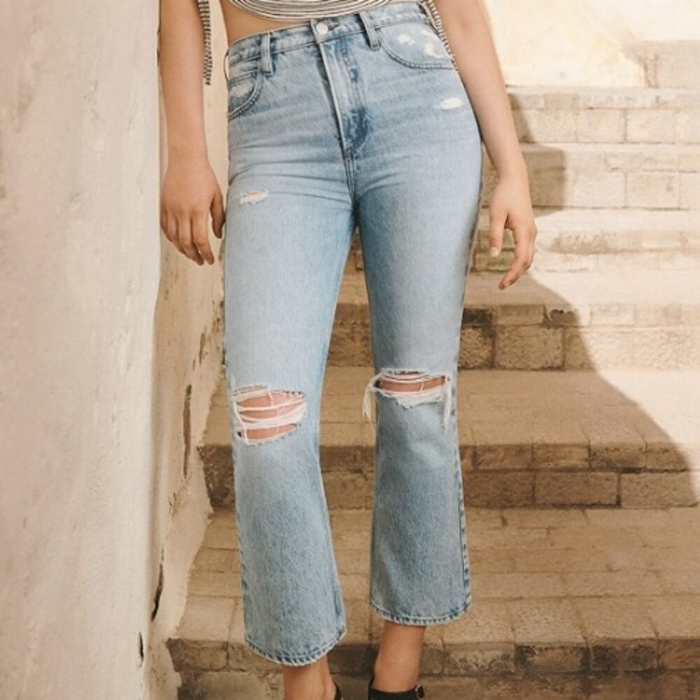 Frame Le High N Tight Crop Mini Boot Jeans Women's Lightwash Destroyed Knee 27